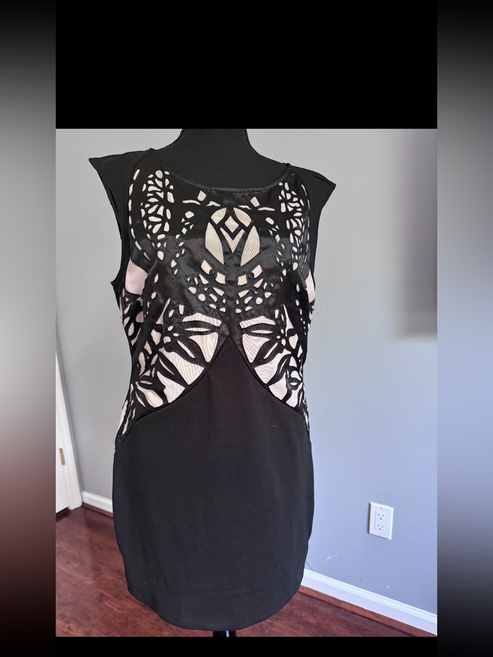 Black Laser-Cut Overlay Dress with Nude Lining